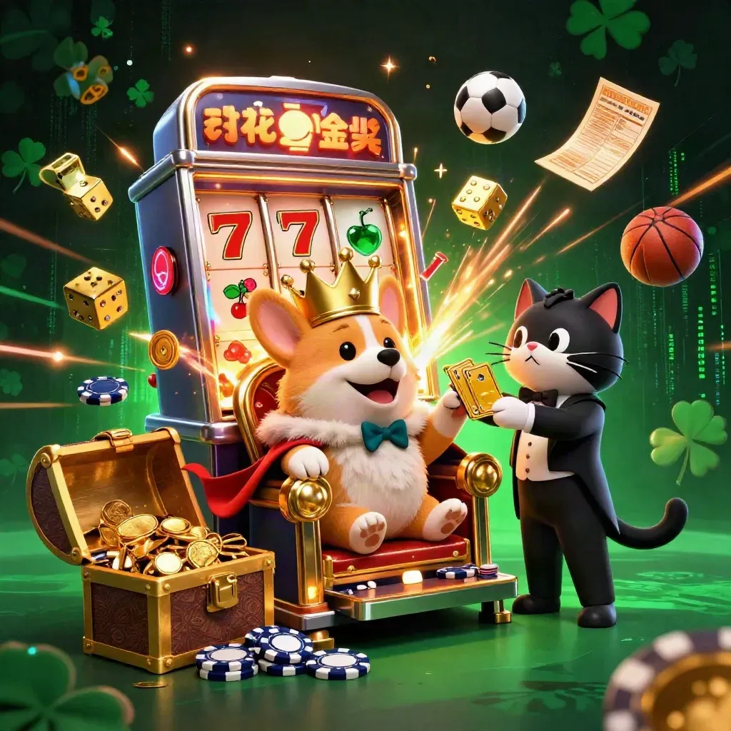 Corgi king, cat butler, slot machine burst and casino sports props in neon glow.