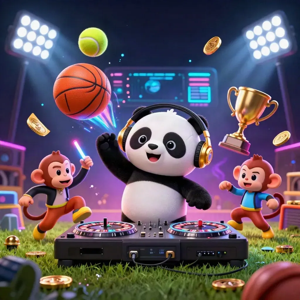 DJ panda, breakdancing monkey, and glow kitten amid a soccer ball blast and casino lights.