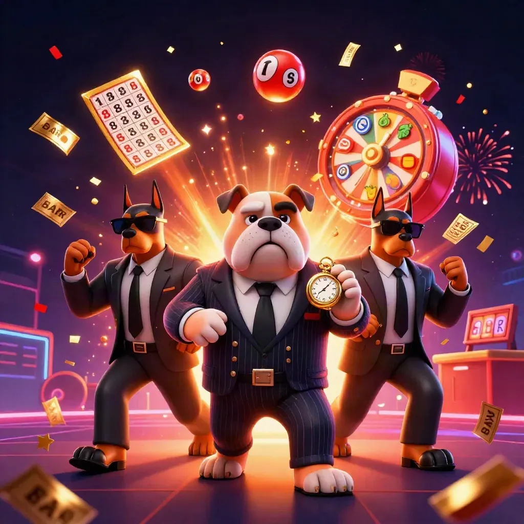 Bulldog boss and two Dobermans amid spinning reels, bingo card, gold tickets, and fireworks.
