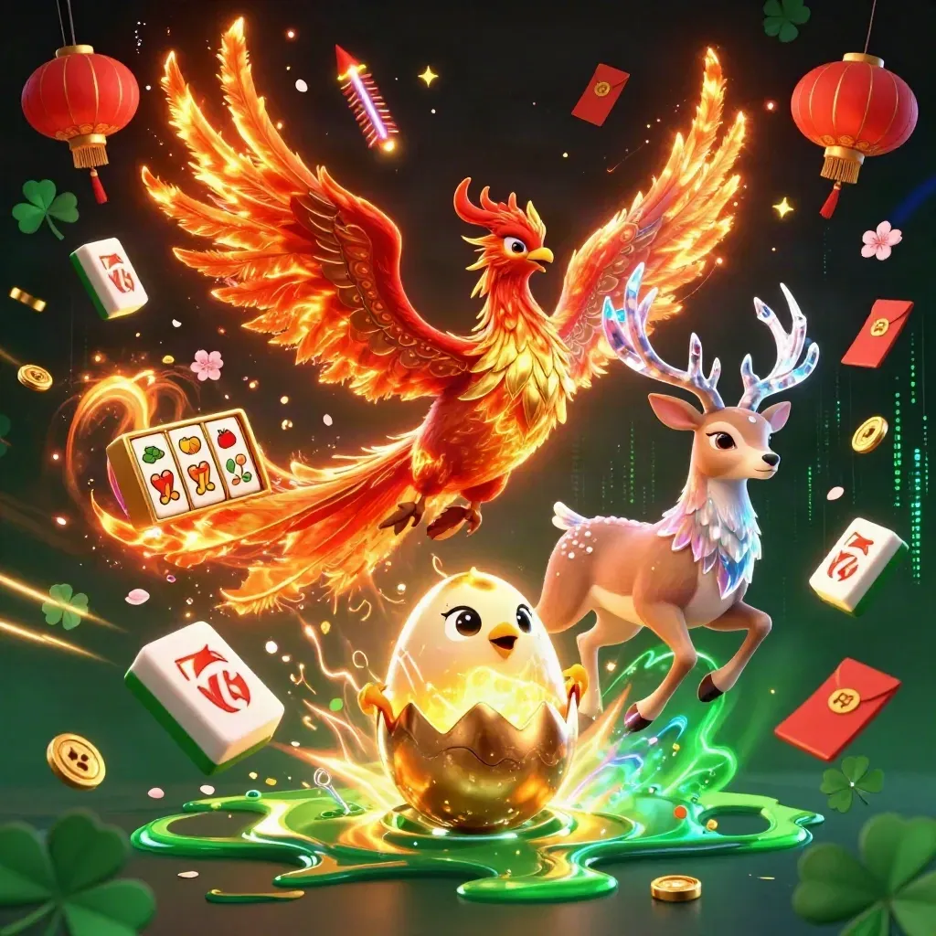 Phoenix, hatchling, and crystalline stag burst through casino gold and neon orange light.