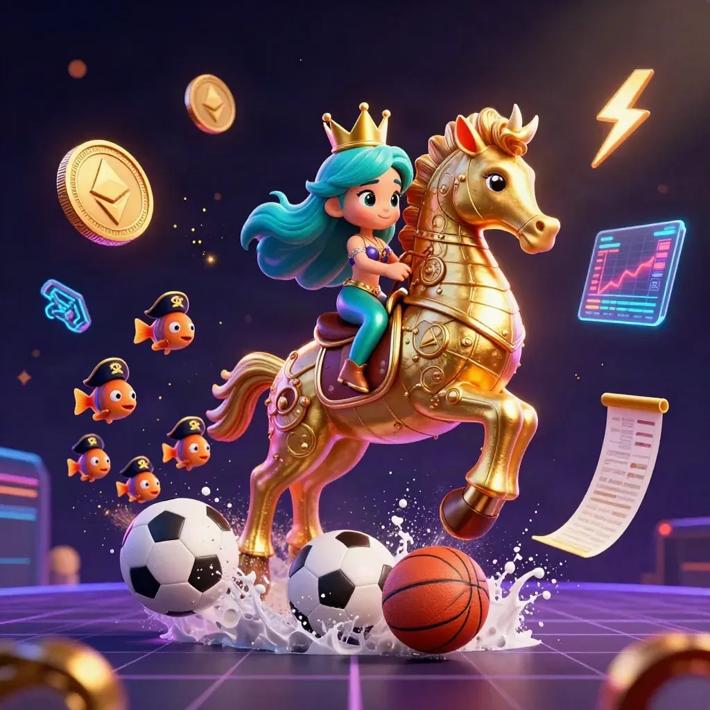 Mermaid princess rides an armored seahorse amid neon sports balls, coins, and casino glow.