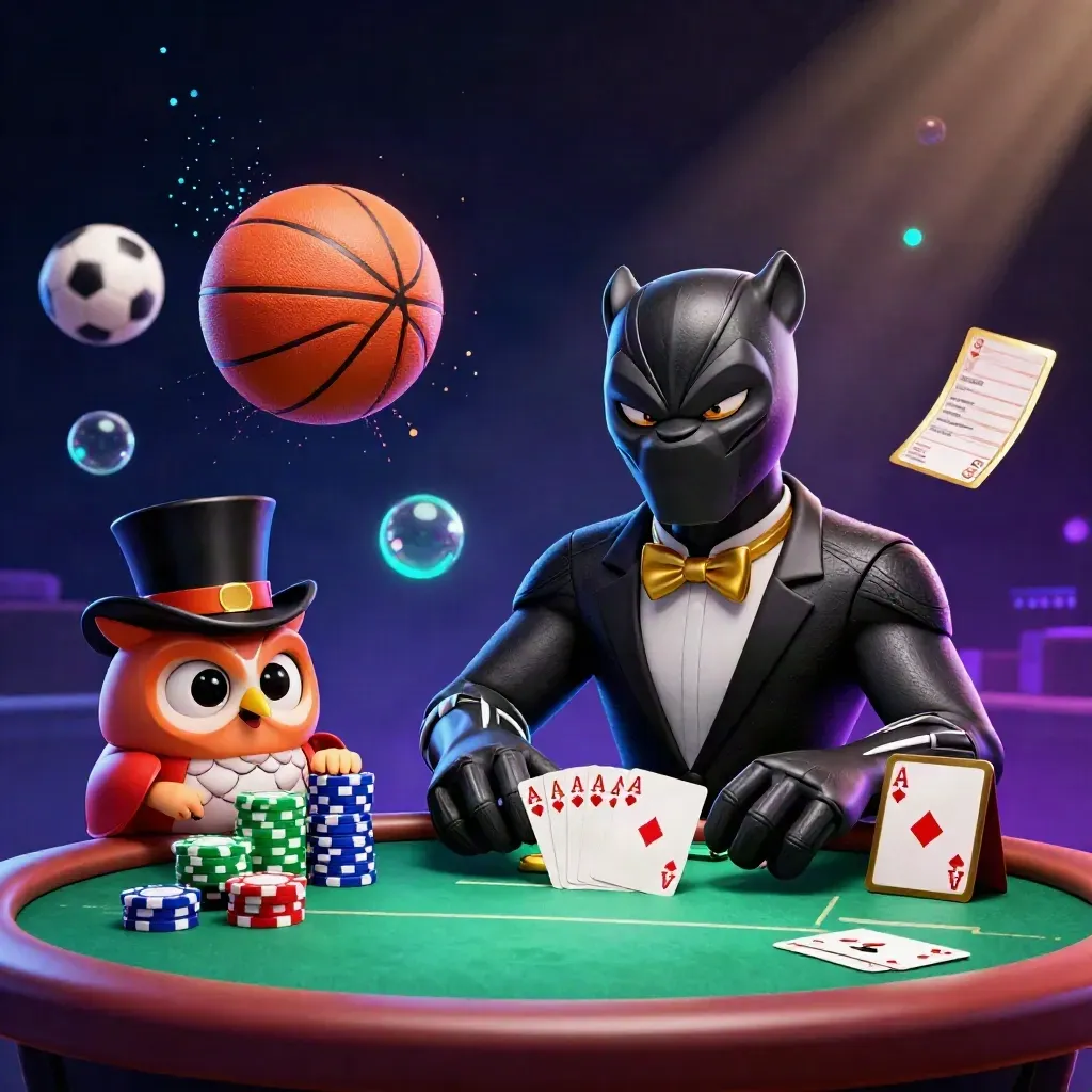 3D cartoon casino animals amid flying chips, cards, balls, and neon glow.