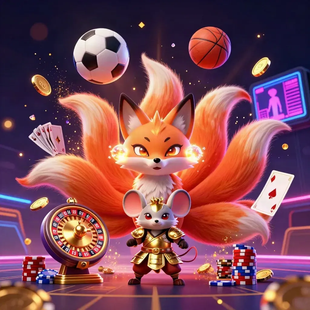 Fox spirit and samurai mouse amid casino tokens, cards, balls and glowing lights, ground-level.