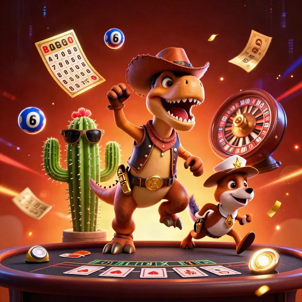 Cowboy T-Rex, cactus, and roadrunner amid casino game bursts and fiery neon glow