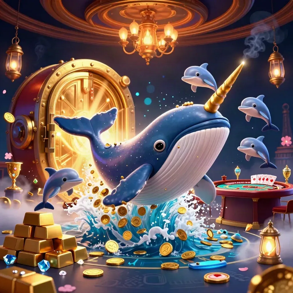 Whale captain, narwhal, and dolphins burst through coins in a lavish casino vault scene.