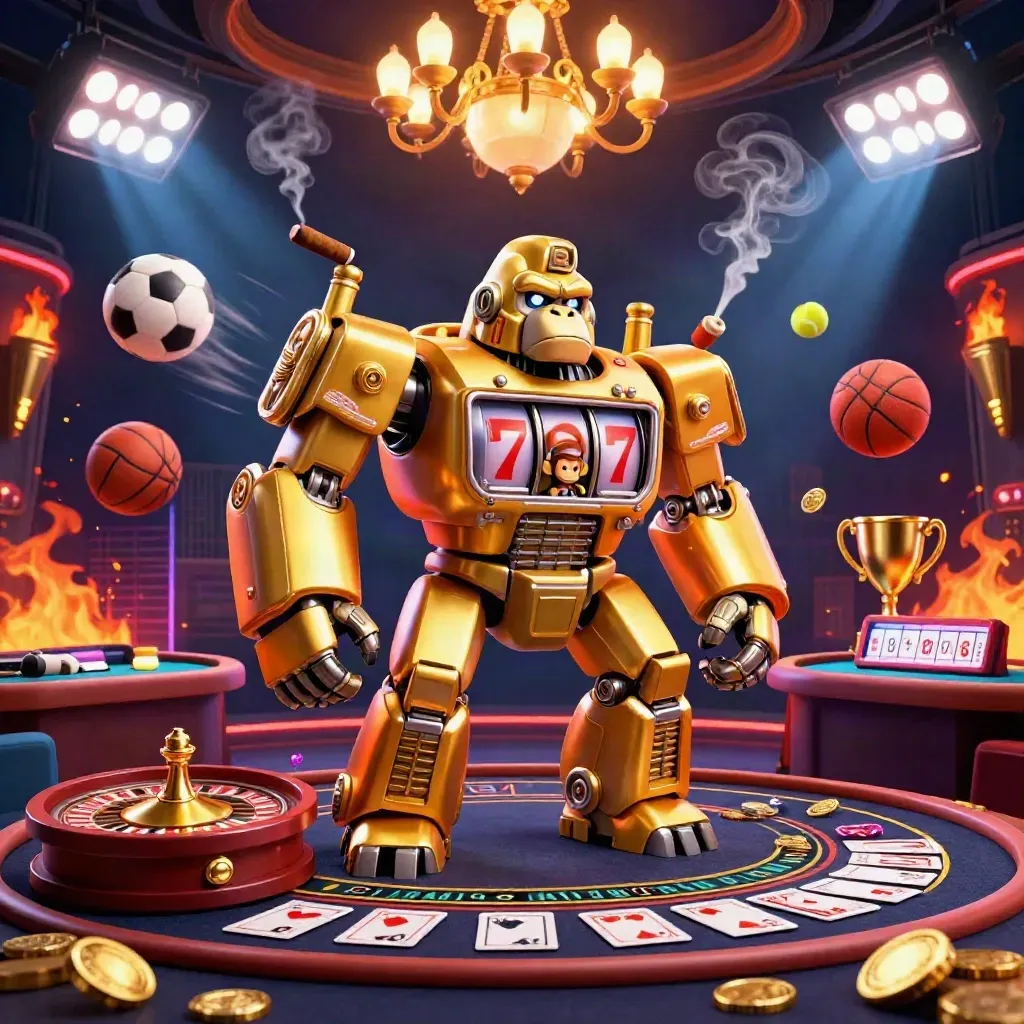 Golden gorilla mech with monkey pilot amid casino lights, sports balls, trophy, coins, and neon smoke