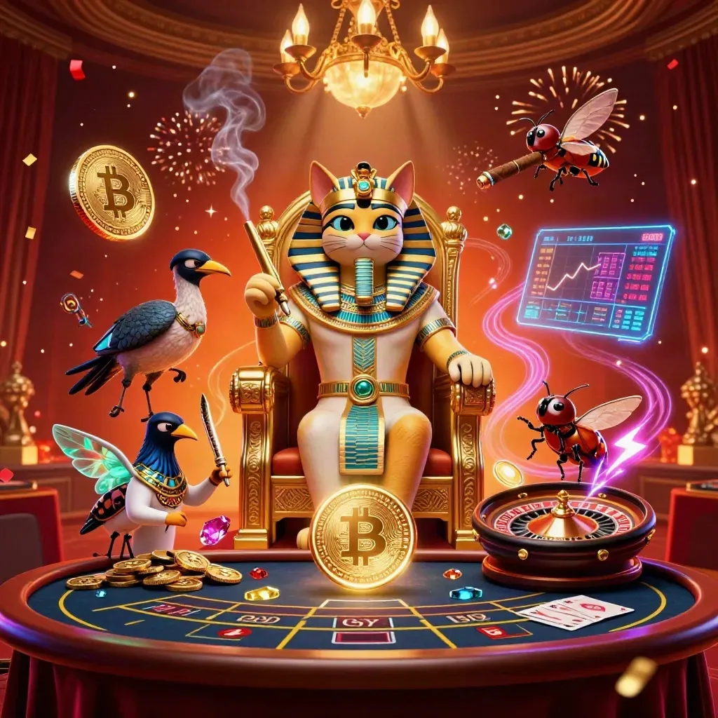 Pharaoh cat, ibis scribe, and gem-wing scarabs in a glowing casino with coins, roulette, and neon power