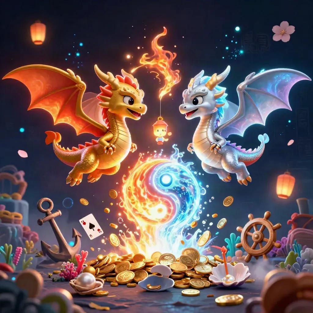 Twin gold and silver dragons spiral through treasure, fire and ice, with a tiny lantern spirit.