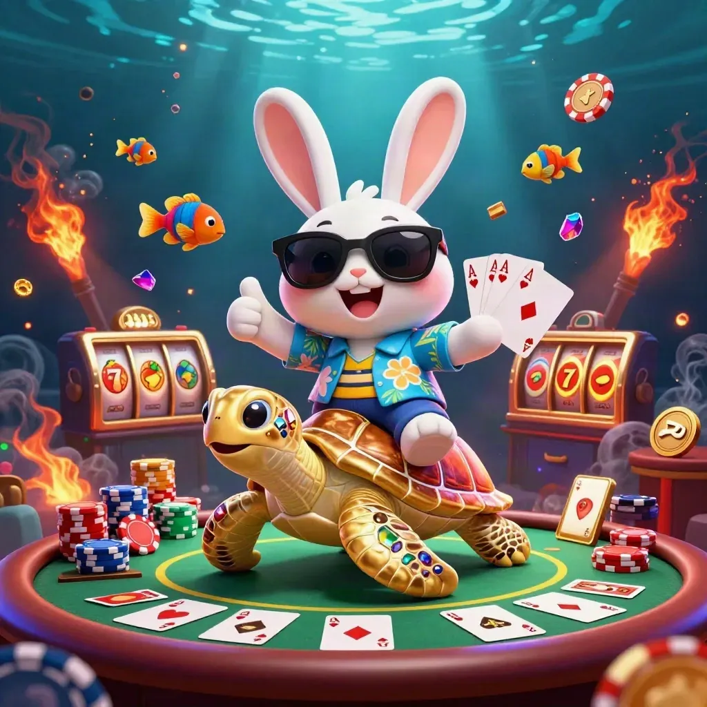Cartoon rabbit rides jeweled sea turtle amid chips, cards, fish, and glowing underwater casino effects.