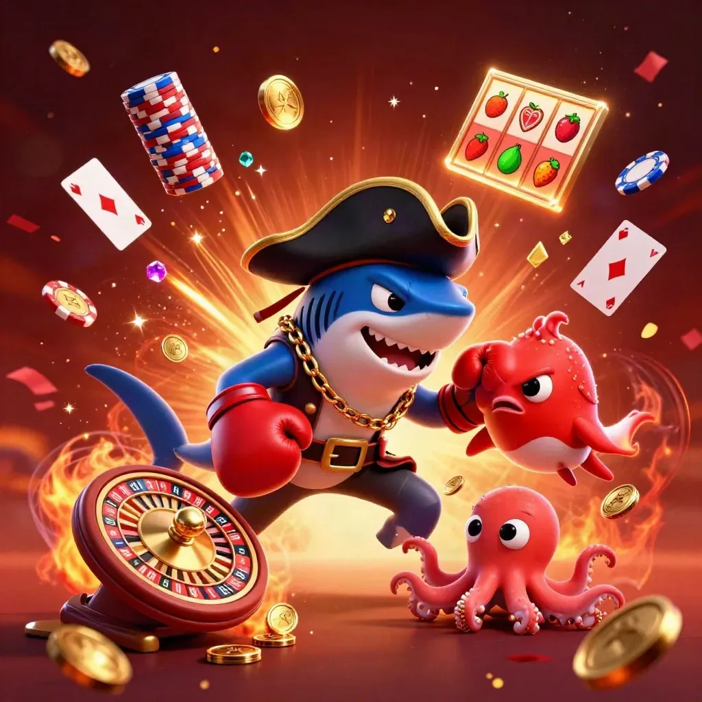 Shark pirate, boxing pufferfish, and juggling octopus amid coins and casino sparks