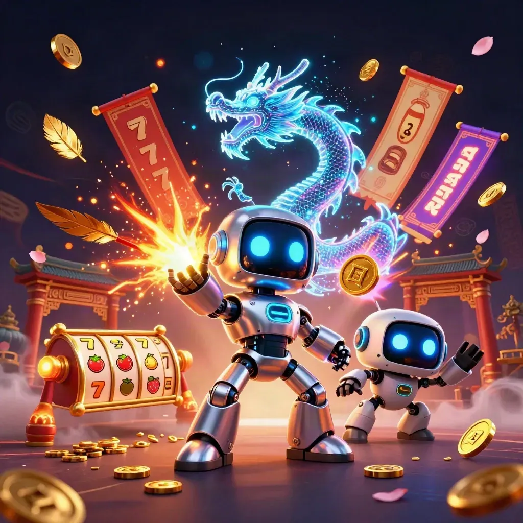 Cyberpunk robot, holographic dragon, and coin drone amid casino treasure bursts