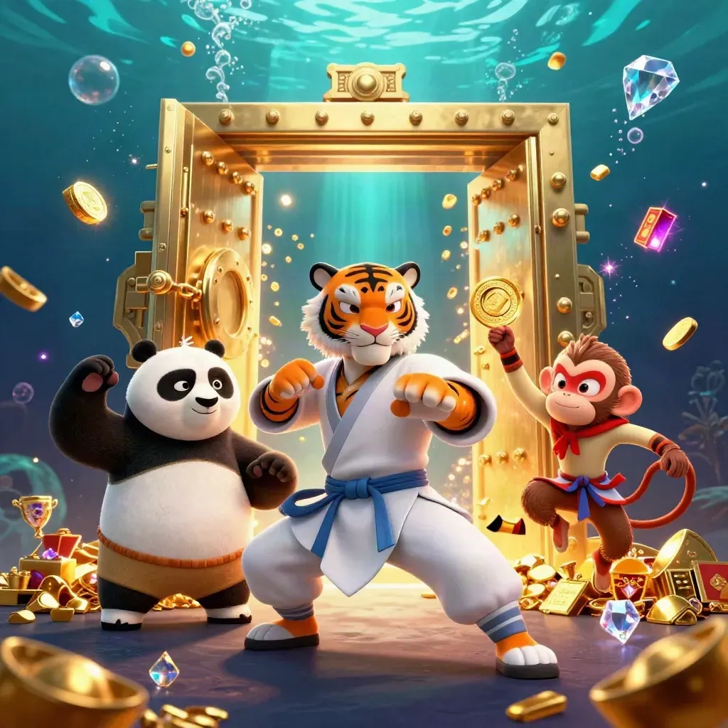 Tiger, panda, and monkey raid a glowing treasure vault with gold, gems, and underwater light.