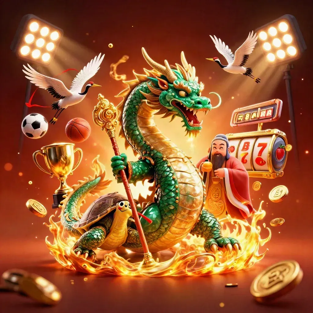 Jade dragon, turtle sage, and cranes amid casino effects, coins, balls, and golden fire.