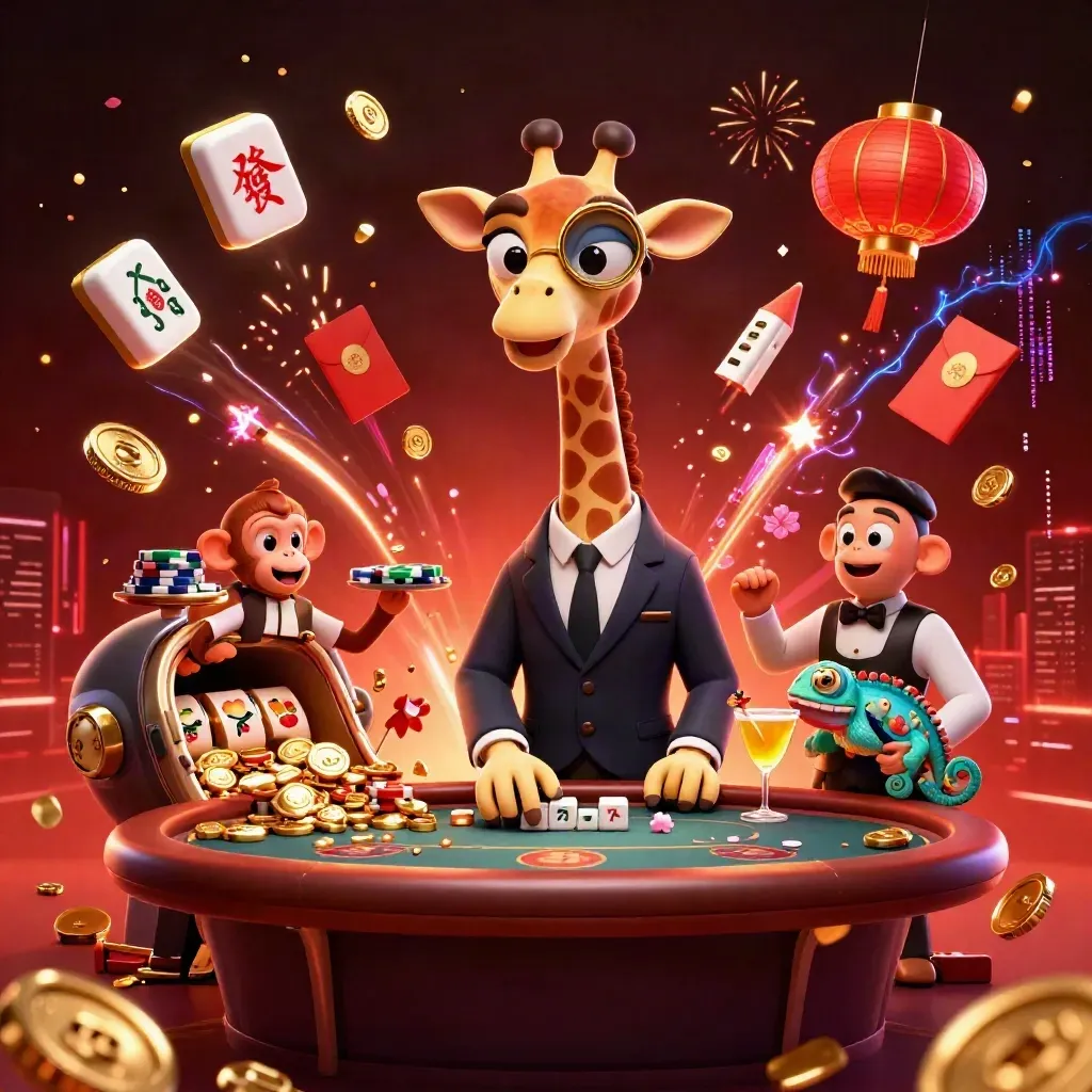 Giraffe, monkey, and chameleon in a bursting casino celebration with gold coins, fireworks, and lanterns.