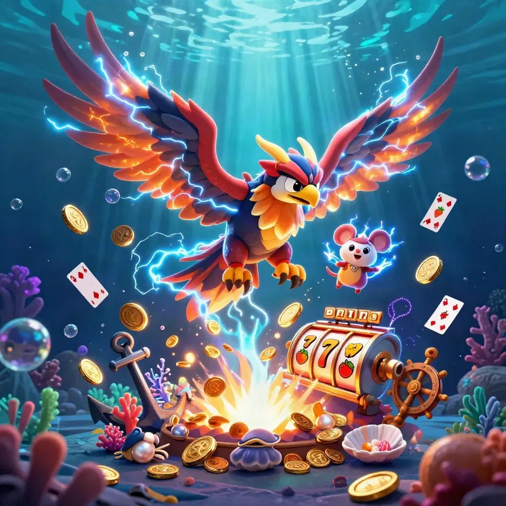 Thunder dragon, wind hawk, and static mouse amid underwater gold, coral, reels, and glowing casino effects