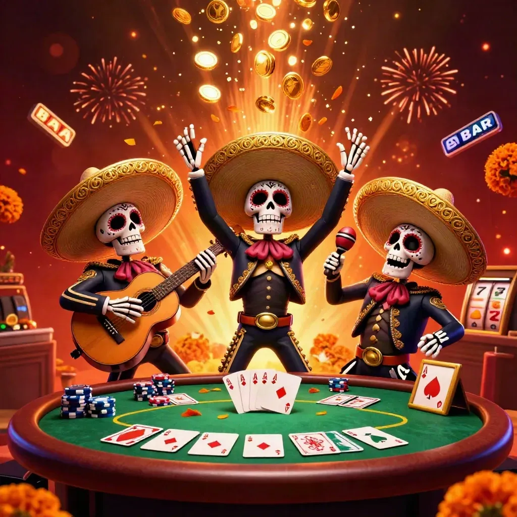 Day-of-the-Dead mariachi skeleton trio amid vault burst, coins, poker chips, reels, and fireworks