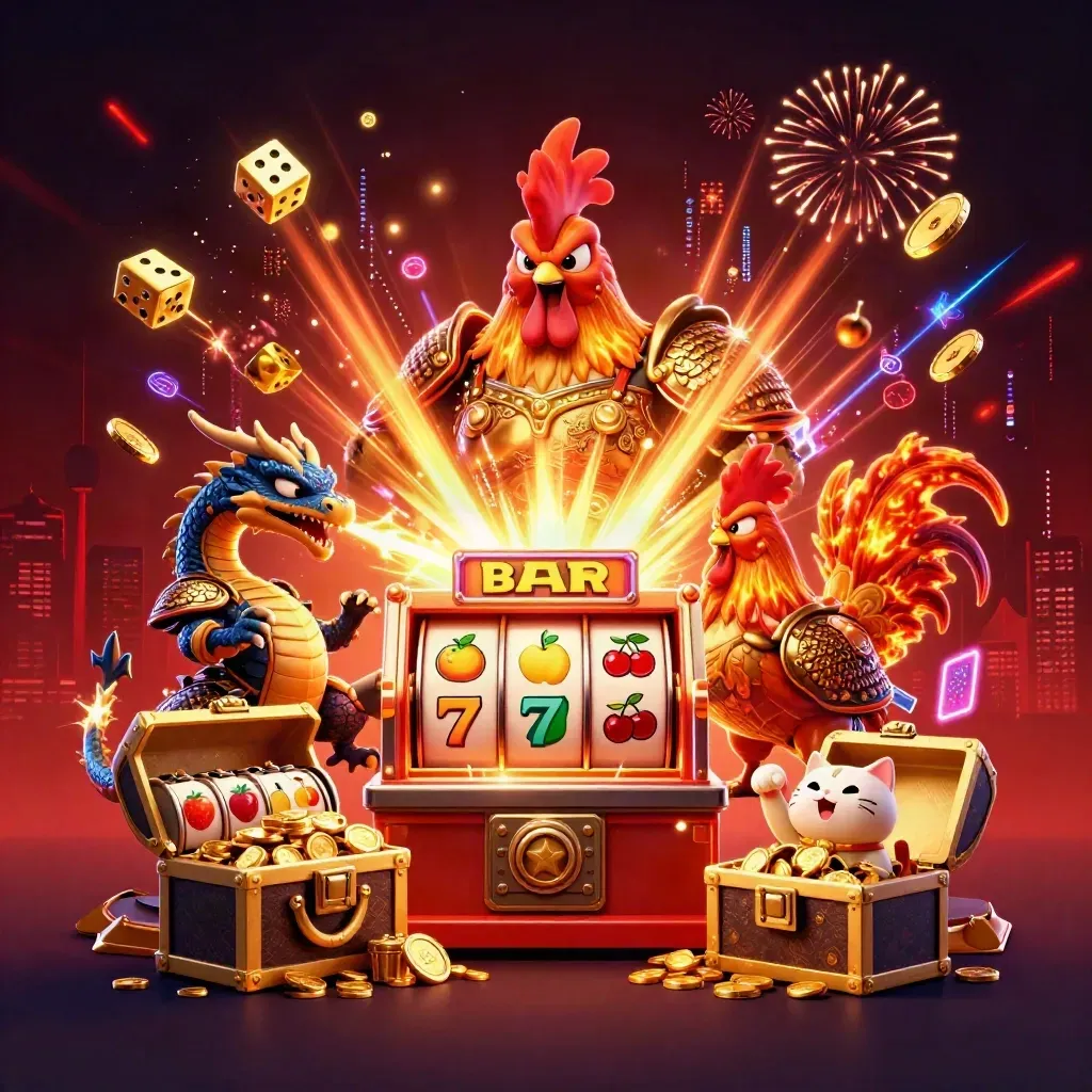 Rooster warrior, dragon hatchling, and fortune cat amid bursting slots, coins, and gold