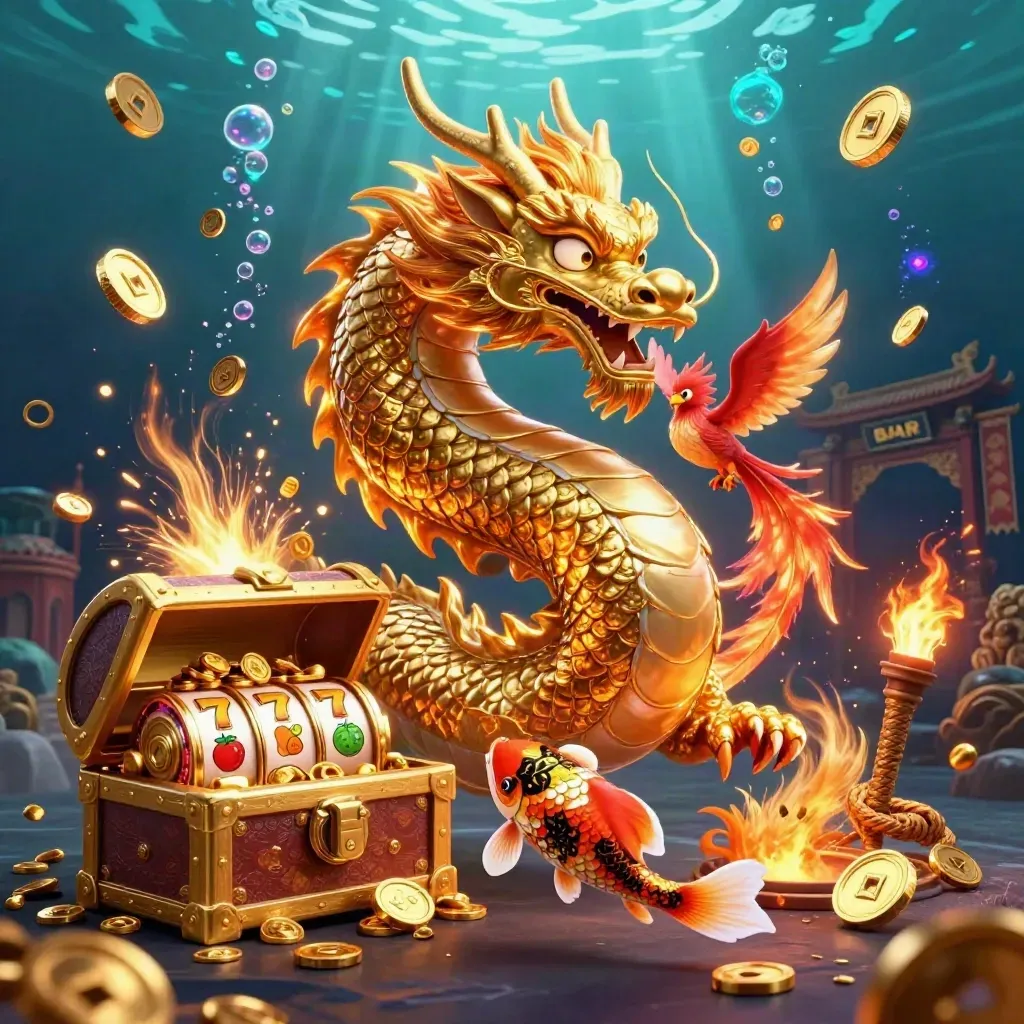 Golden dragon, red phoenix, and koi erupt with coins, reels, and underwater glow.