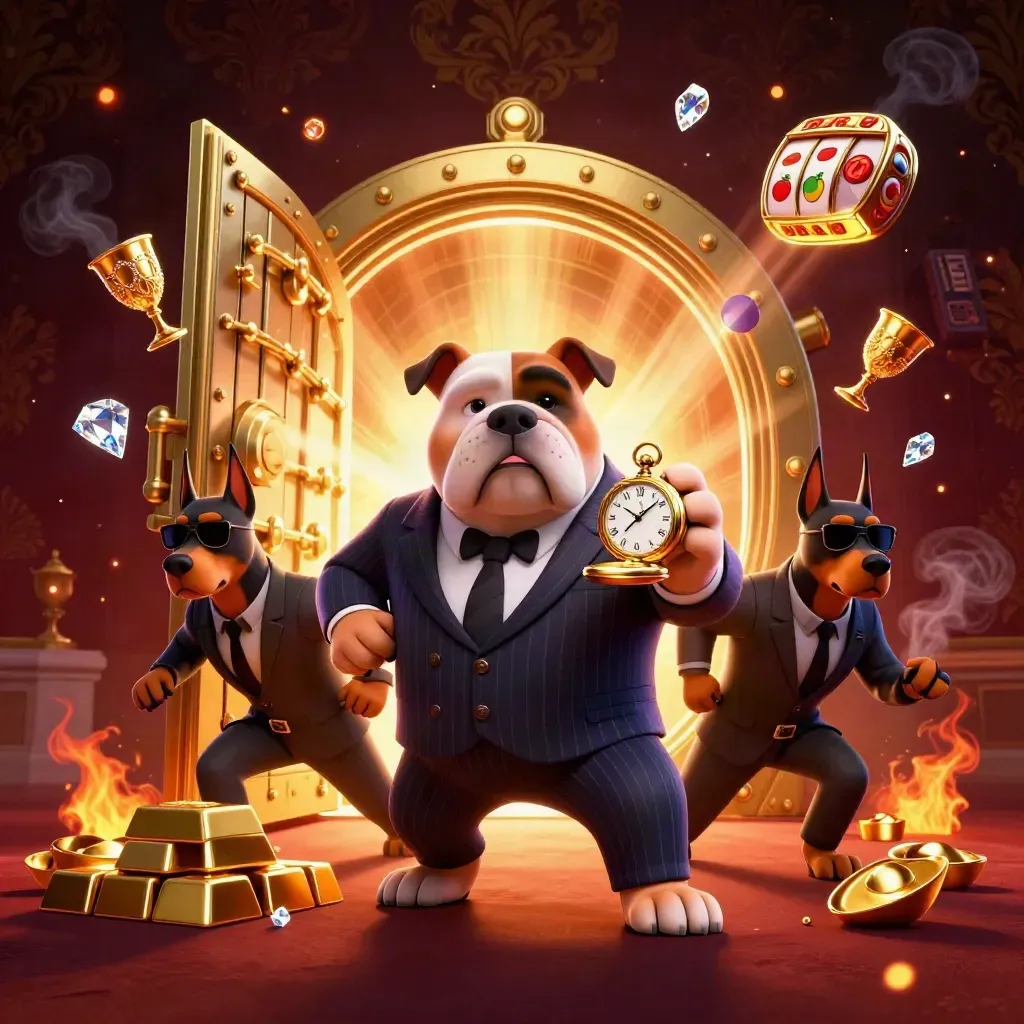 Bulldog boss and Doberman guards burst from a gold vault amid reels, gems, and ember glow.