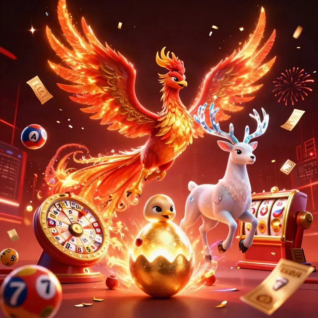 Fire phoenix, stag, and baby phoenix amid casino reels, balls, confetti, and glowing skyline.
