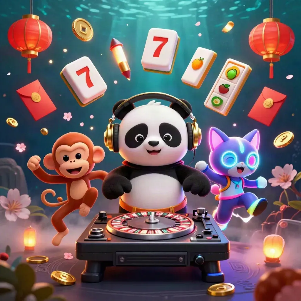 DJ panda, breakdancing monkey, and glow-stick kitten amid neon casino symbols under teal rays.