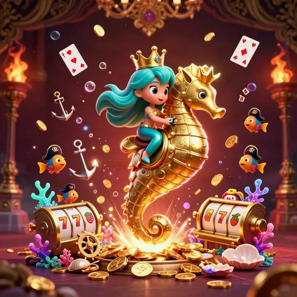 Mermaid princess on armored seahorse amid pirate fish, coins, reels, coral and glowing treasure.