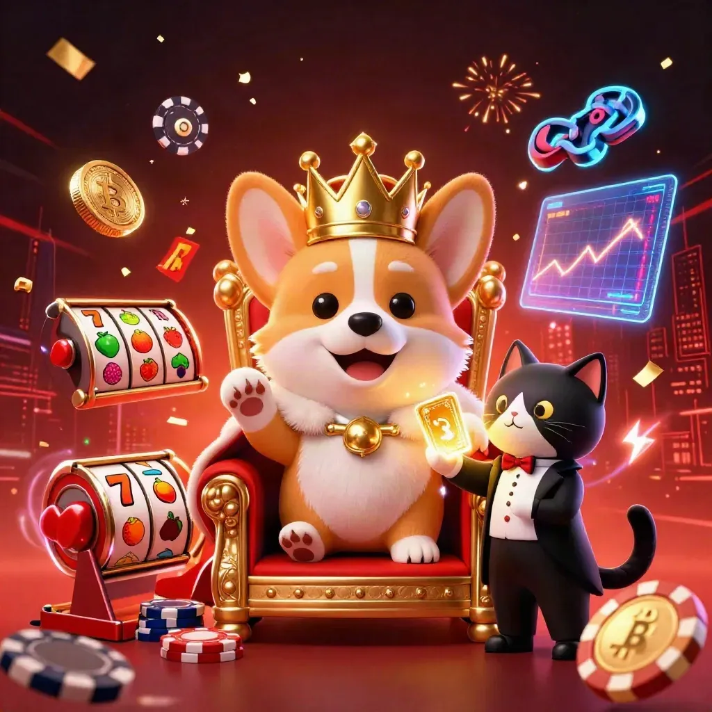 Crowned corgi and cat butler amid fiery slot reels, coins, and casino lightning.
