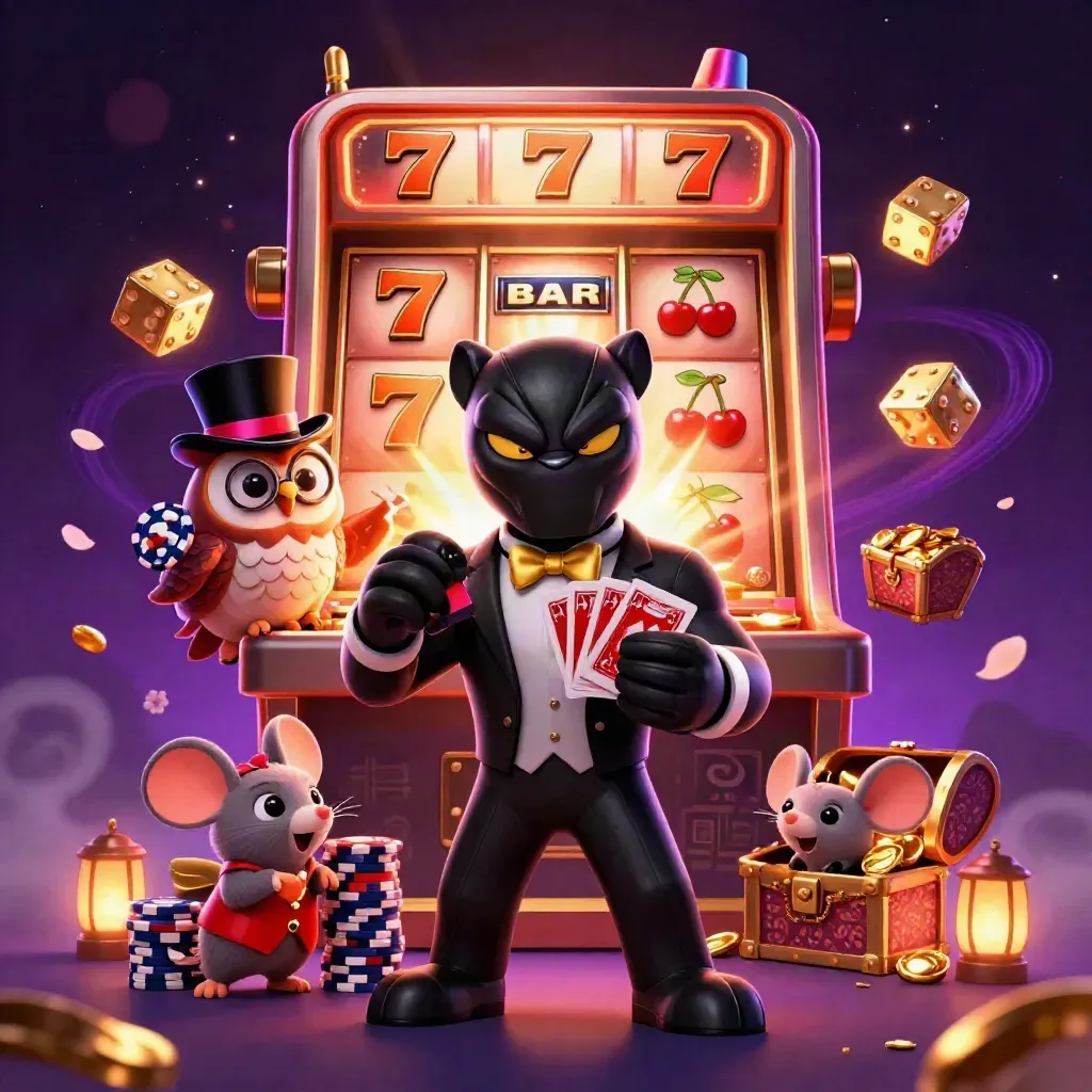 Panther, owl, and mouse amid exploding slot reels, gold, dice, and neon casino magic.